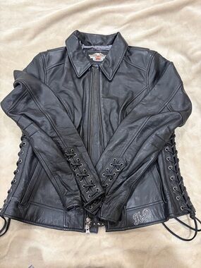 Harley-Davidson Black Leather Size M Women's Lace up-Side&cuff Motorcycle Jacket